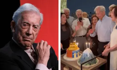 Mario Vargas Llosa sopla velas de su torta del Misti junto a su familia. Foto: Composición LR/Alvaro Llosa/X