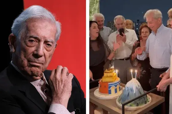 Mario Vargas Llosa sopla velas de su torta del Misti junto a su familia. Foto: Composición LR/Alvaro Llosa/X