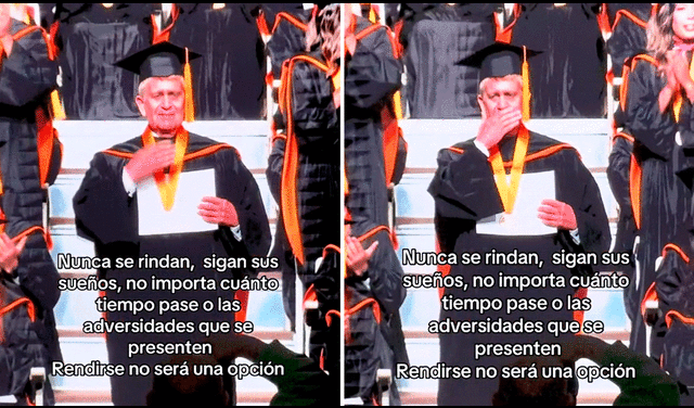 Con su toga y birrete el hombre se ganó la admiración de todos los estudiantes y de los usuarios en las redes sociales.  Foto: composición LR/TikTok/@asley.mp